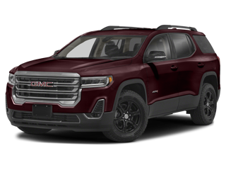 dark red 2021 gmc acadia front left angle view