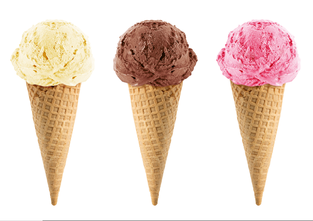 3 ice cream cones with vanilla, strawberry and chocolate