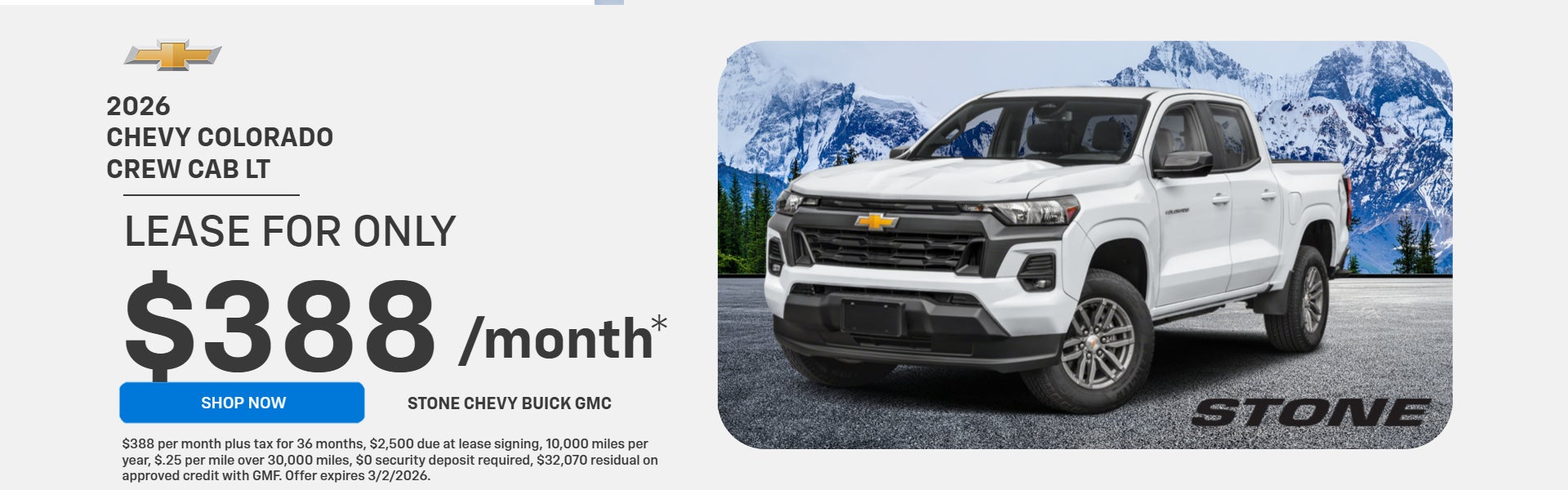 2026 CHEVY COLORADO CREW CAB LT LEASE $388/MONTH
